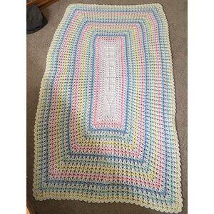 Vintage Crocheted Baby Afghan Blanket Crib Pink Blue Yellow White 36" x 60"